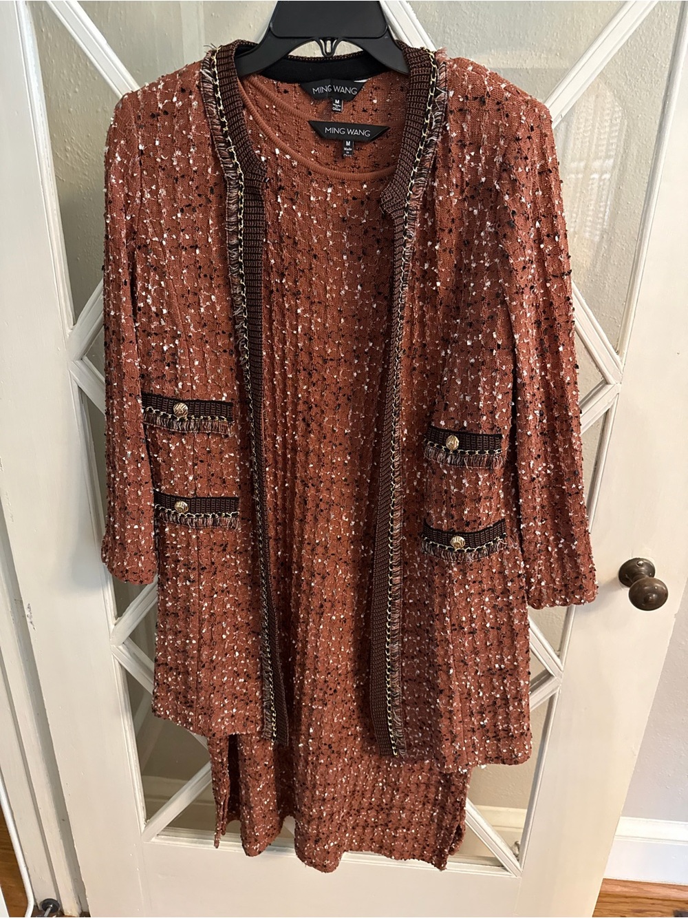 Ming Wang Rust Knit Tweed Cardigan and Dress Set with Trim